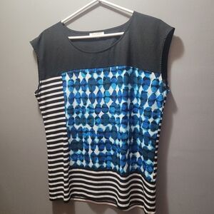 Calvin Klein Blue and Black Patterned Sleeveless Top L